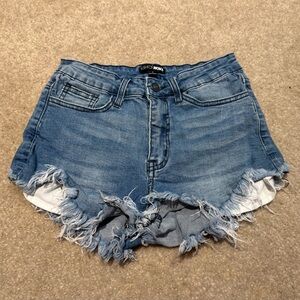 Fashion Nova - Denim Shorts, Frayed Hem, Distressed Blue - Sz. 3